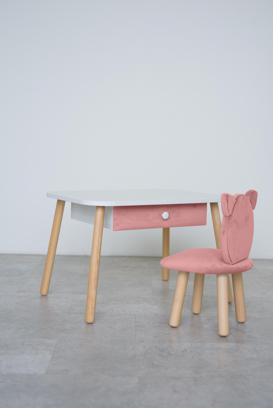 Furniture set: rectangular table with drawer and chair Cat, 3-5 years old, 105-115 cm, Pink
