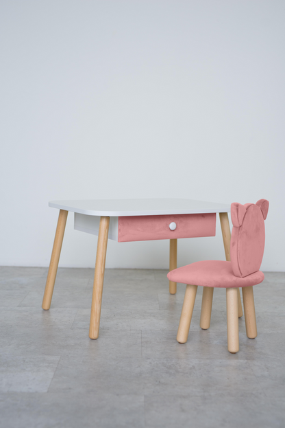 Furniture set: rectangular table with drawer and chair Cat, 5-7 years old, 115-125 cm, Pink