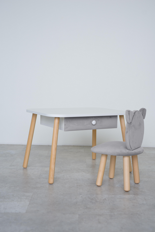 Furniture set: rectangular table with drawer and chair Cat, 2-4 years old, 90-105 cm, Gray