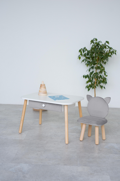 Furniture set: rectangular table with drawer and chair Cat, 2-4 years old, 90-105 cm, Gray