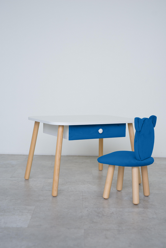 Furniture set: rectangular table with drawer and chair Cat, 3-5 years old, 105-115 cm, Blue