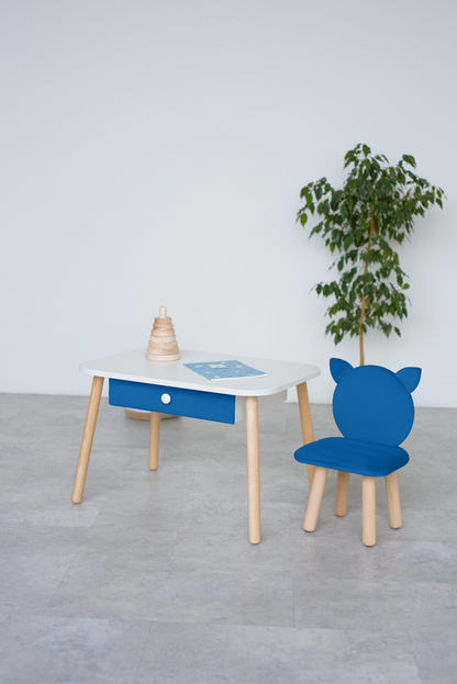 Furniture set: rectangular table with drawer and chair Cat, 5-7 years old, 115-125 cm, Blue