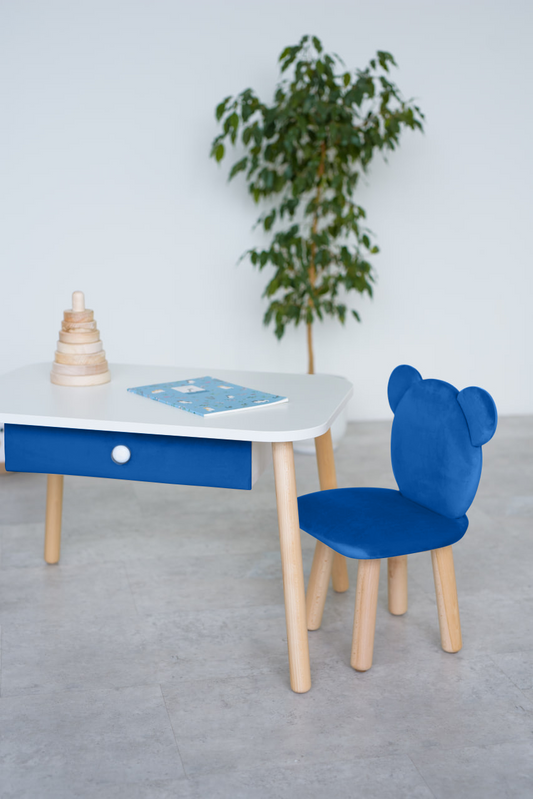 Furniture set: rectangular table with drawer and chair Bear, 2-4 years old, 90-105 cm, Blue