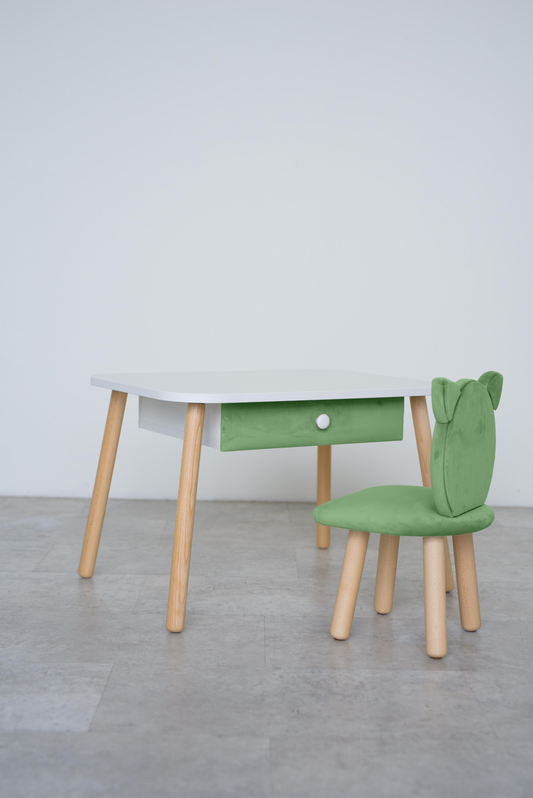 Furniture set: rectangular table with drawer and chair Cat, 2-4 years old, 90-105 cm, Green