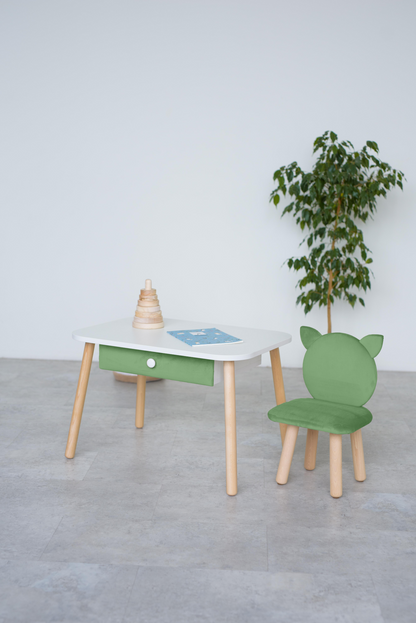 Furniture set: rectangular table with drawer and chair Cat, 3-5 years old, 105-115 cm, Green