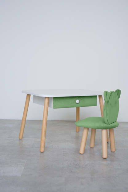 Furniture set: rectangular table with drawer and chair Cat, 5-7 years old, 115-125 cm, Green