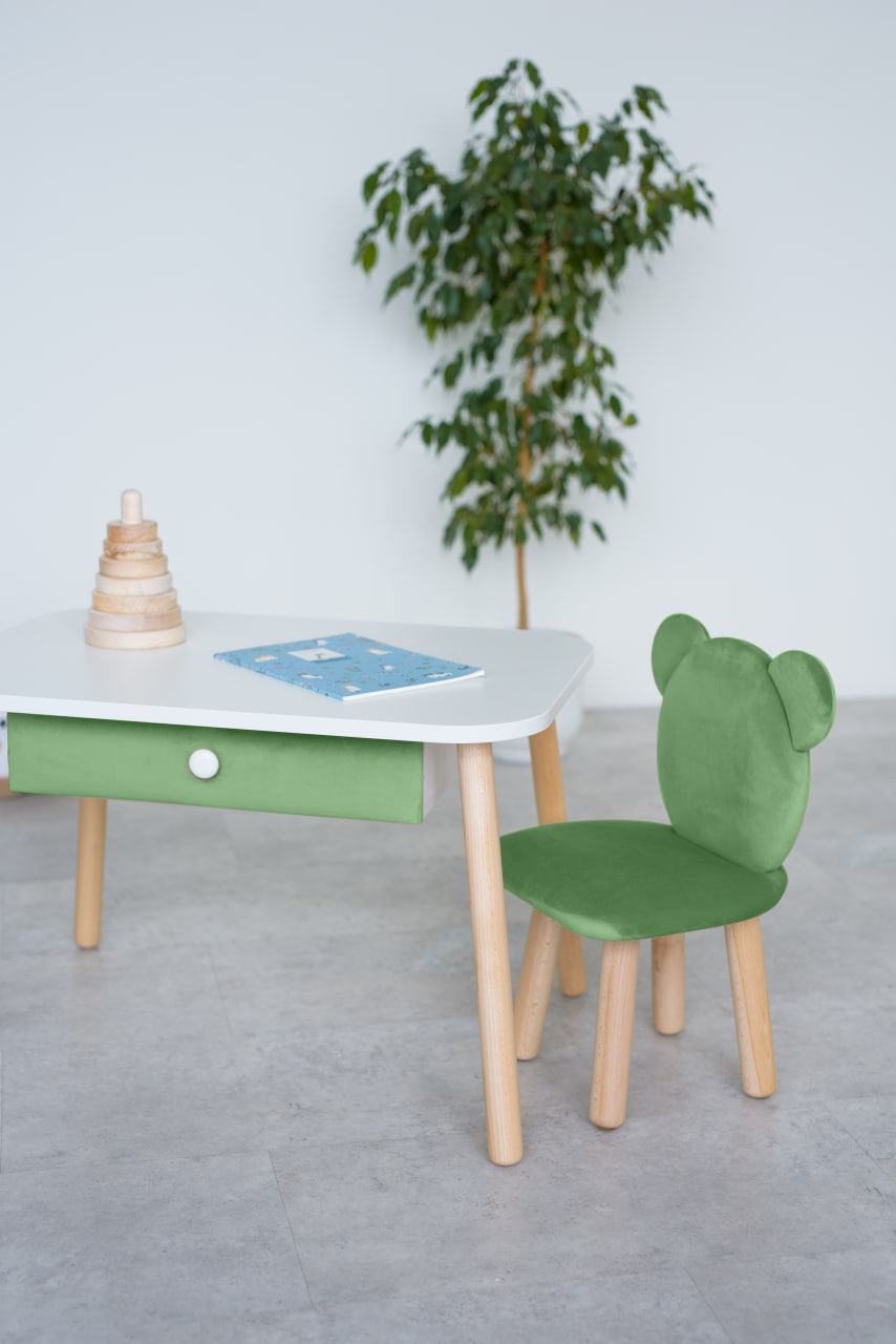 Furniture set: rectangular table with drawer and chair Bear, 2-4 years old, 90-105 cm, Green