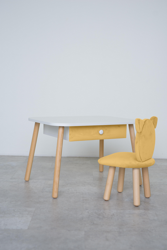 Furniture set: rectangular table with drawer and chair Cat, 2-4 years old, 90-105 cm, Yellow