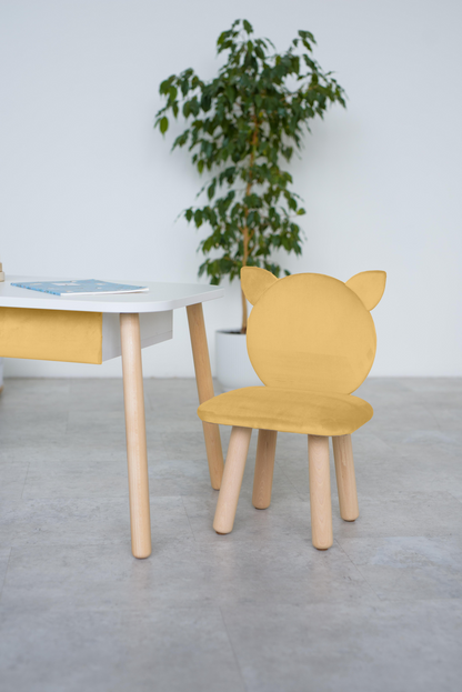 Furniture set: rectangular table with drawer and chair Cat, 5-7 years old, 115-125 cm, Yellow